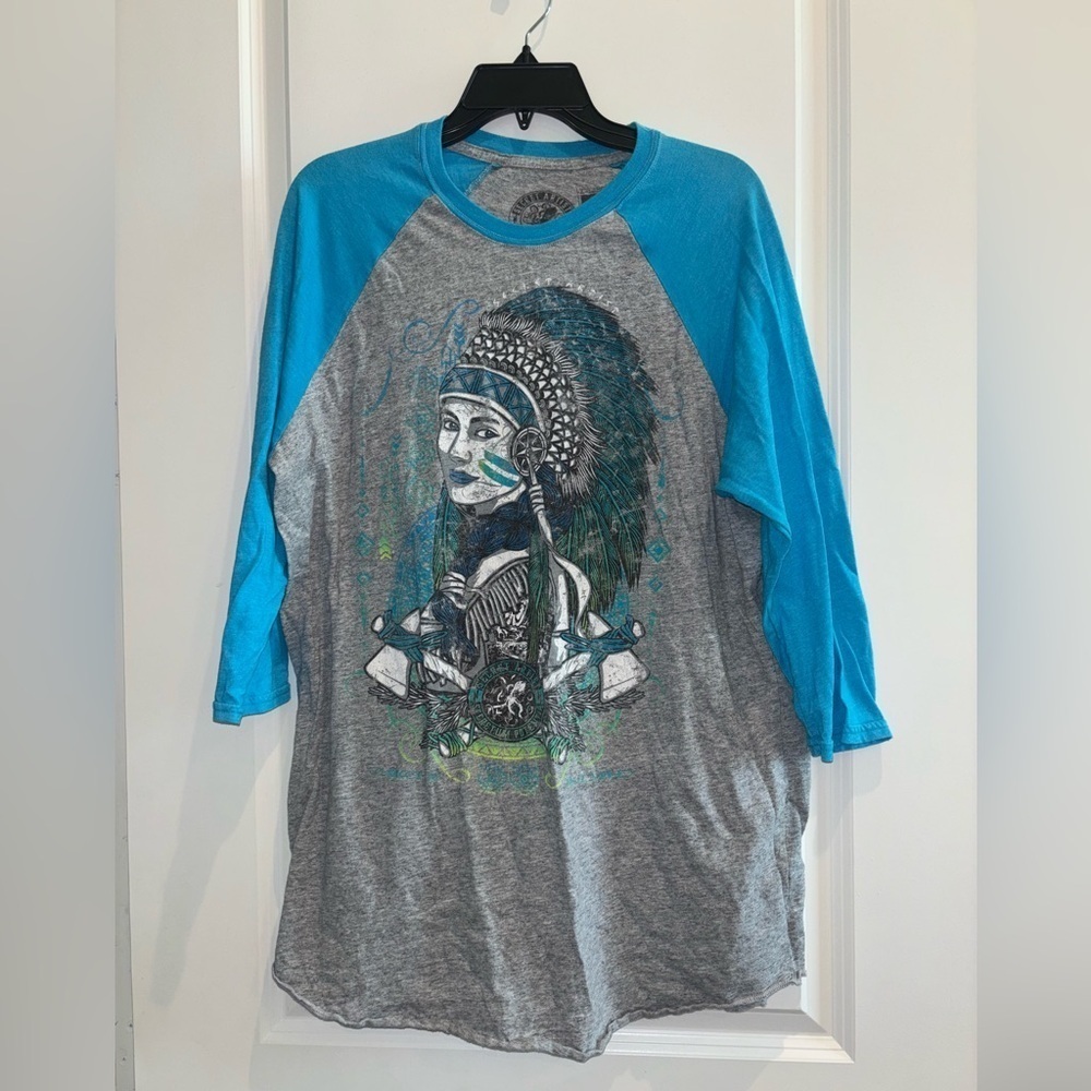 Secret Artist Graphic Raglan Baseball Tee • Tribal Headdress Design• Blue & Gray